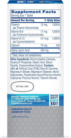 21st Century Nerve Health Tablets (30 Count), Alpha Lipoic Acid 300mg, B1, B6, & B12 Vitamins for Nerve Function Support, Antioxidant ALA Supplement, Gluten Free. Non-GMO, & Vegan