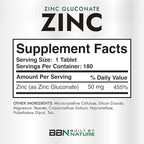 Built By Nature Zinc 50 mg – Zinc Gluconate for Highly-Absorbable Immune & Antioxidant Support – Promotes Skin, Eye & Immune Health – Non-GMO, Gluten-Free – 180 Tablets