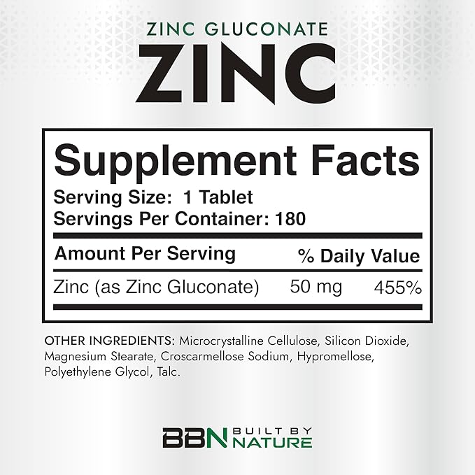 Built By Nature Zinc 50 mg – Zinc Gluconate for Highly-Absorbable Immune & Antioxidant Support – Promotes Skin, Eye & Immune Health – Non-GMO, Gluten-Free – 180 Tablets