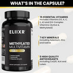 Eliixr Methylated Multivitamin 27-in-1 Formula with 1500 mcg Active Folate, Methylated B12, K2, D3, B-Complex and more Women and Mens Multivitamins, 60 Vegan Capsules, 2 month supply Made in the USA