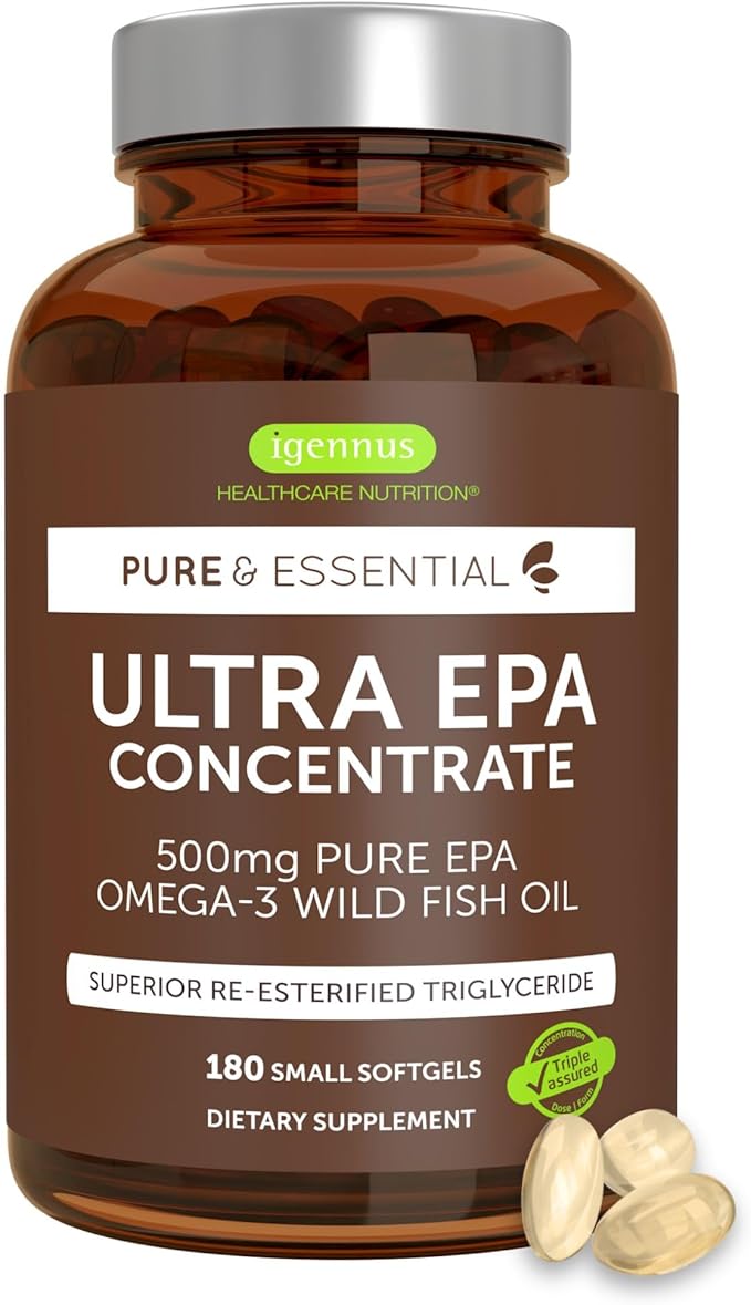 Igennus Ultra Pure Omega-3 EPA 500mg, Highly Concentrated IFOS Certified Wild Fish Oil, Advanced rTG Triglyceride Form, Non-GMO, 180 Small Softgels