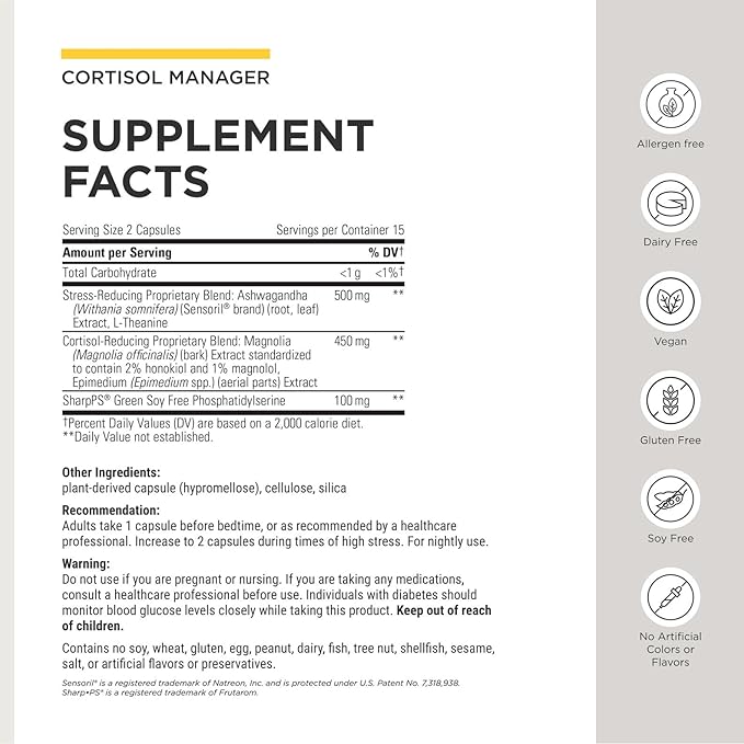 Integrative Therapeutics Cortisol Manager Allergen Free - Adrenal Health Support Supplement for Healthy Stress Response* - Vegan, Non-Dairy & Gluten-Free - 30 Capsules (15 Servings)