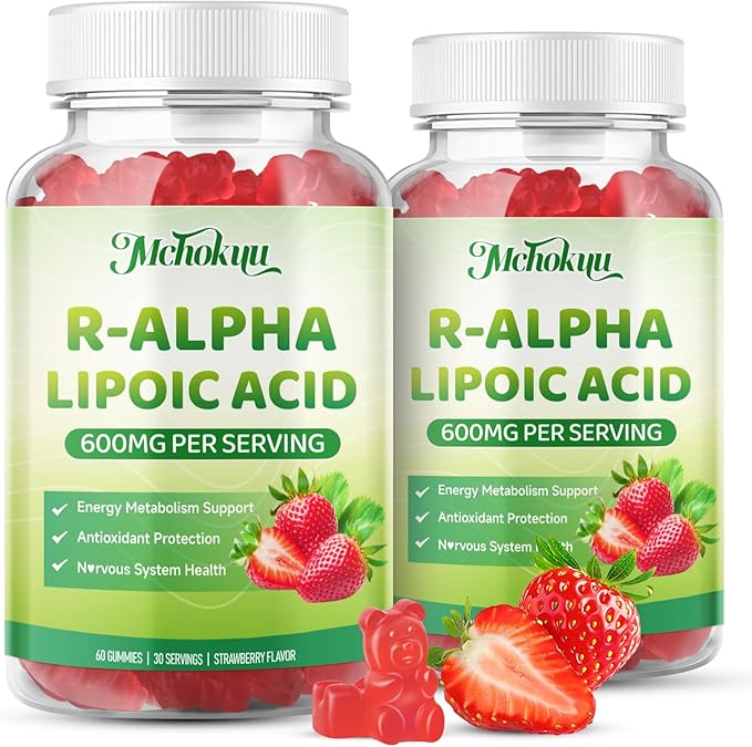 R Alpha Lipoic Acid 600mg Gummies, Stabilized R-Alpha Lipoic Acid, ALA Supplement for Nerve Health, Antioxidant & Metabolism Support- Vegan, Non-GMO, Gluten Free, Strawberry Flavor - 60 Count