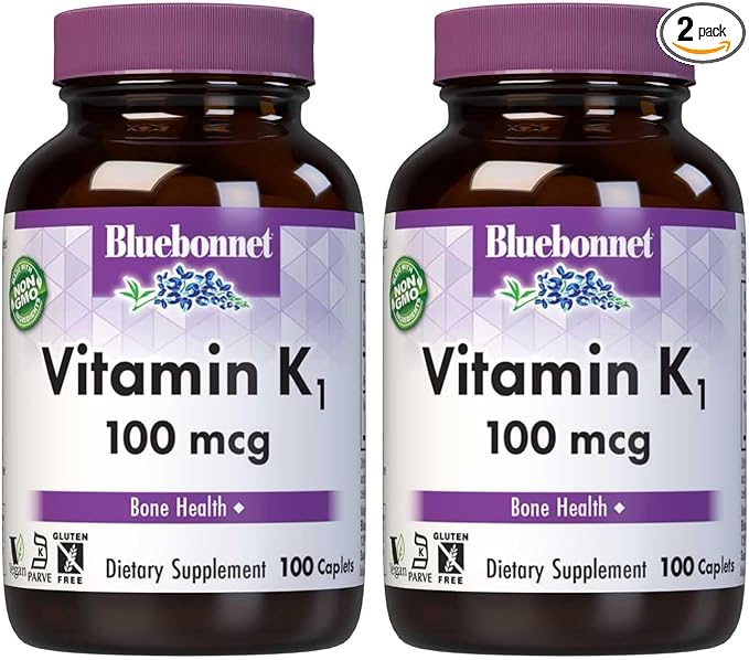 BlueBonnet Vitamin K1 100 mcg Supports Bone Health - Phylloquinone Crystalline Vitamin K Supplement - Non-GMO, Kosher Certified, Gluten-Free, Dairy-Free - 100 Vegan Caplets (Pack of 2)