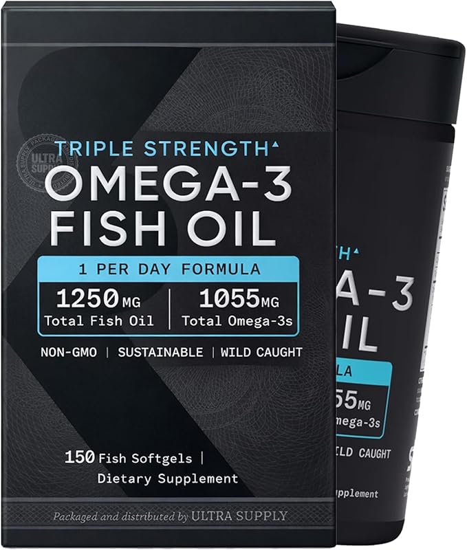 Sports Fish Oil, Triple Strength, (150 Count) Burp-Less Formula, 1250 mg Fish Oil, 1055mg Omega 3