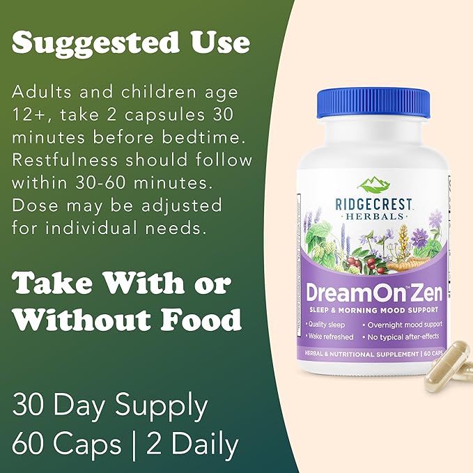 Ridgecrest Herbals DreamOn Zen, Sleep Support Supplement, Melatonin Free, Magnesium, 5-HTP, Lavender, Chamomile, Valerian, Lemon Balm for Adults and Children 12+ (60 Caps, 30 Serv)