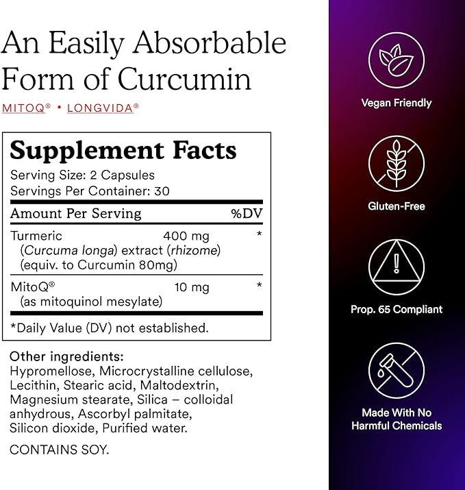 MitoQ Curcumin Longvida Lipidated Formula Mitochondria-targeted Antioxidant | Ultra Bioavailable & Sustained Action Free-Form Curcumin, 180 Capsules
