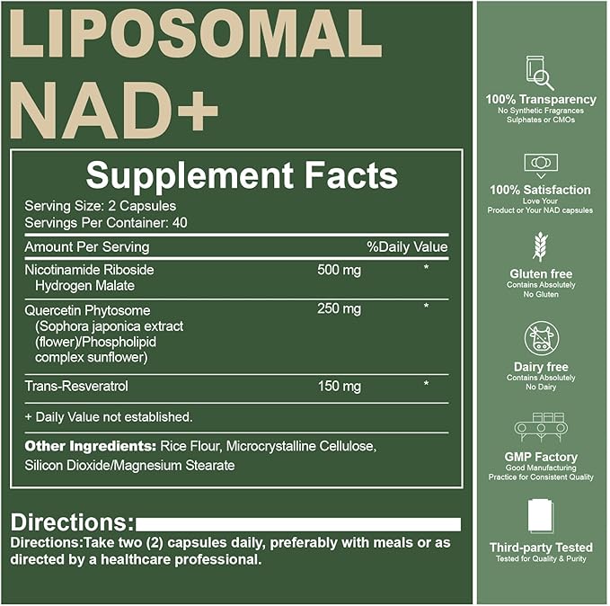 Liposomal NAD Supplement with NAD Nicotinamide Riboside Resveratrol 900 MG, Boost NAD+ for Cellular Health, Anti-Aging, Energy, Focus - 80 Capsules(5Pcs)