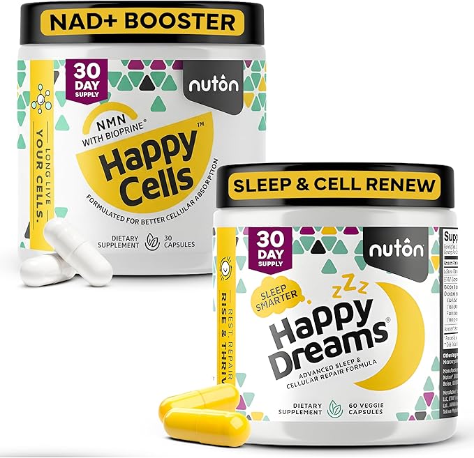 Nuton Day & Night Bundle-Happy Cells NMN Supplement with Bioperine for Morning Energy & Cognitive Support + Happy Dreams Natural Sleep Aid with Melatonin, ETAS, L-Serine, Venetron for Celular Repair