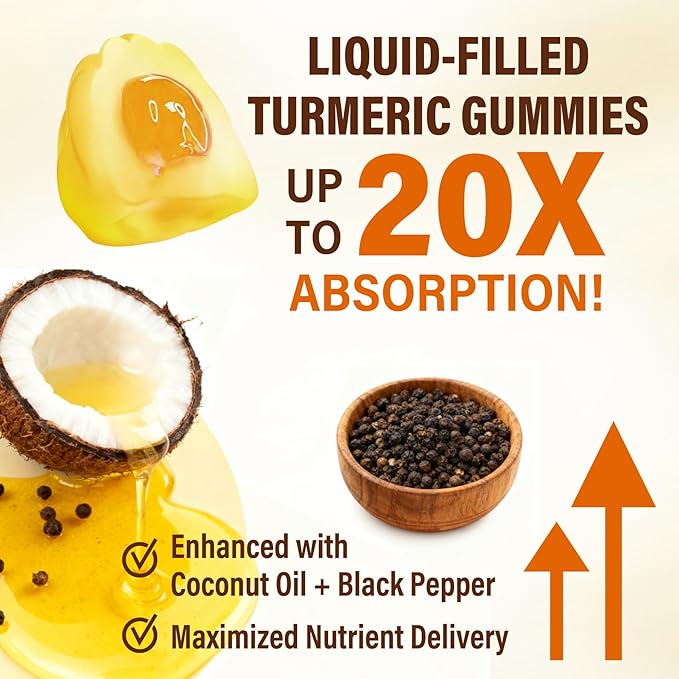 Sugar Free Turmeric Curcumin Filled Gummies 550mg for Adults, Ginger & Black Pepper | 95% Curcuminoids w/Prebiotic Probiotic & Postbiotic Blend, Support, Immune & Digestive Health, Vegan, 2Pack