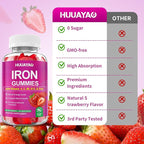 Iron Supplement Gummies for Women & Men, Vegan Iron Gummies with Vitamin C, A, B-Complex, Folate, Zinc for Blood Building & Energy Support, Strawberry Flavor, 120 Count