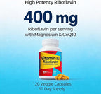 Vitamin B2 Riboflavin 400mg with Magnesium & CoQ10, High Potency Vitamin B2 Supplement for Energy Metabolism & Daily Wellness, 120 Veggie Capsules, 60 Day Supply