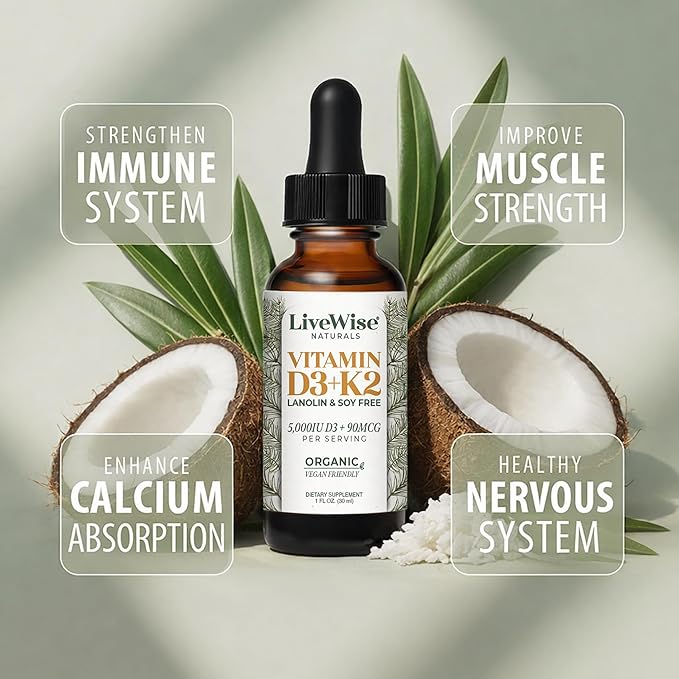 Vegan D3 K2 Vitamin 5000 IU, 90 MCG (MK-7) Drops - 60 Servings, Ultra Concentrated Formulation, and Fast Absorption - Precision Micro-Dosing Dropper for Cognitive & Immune Support