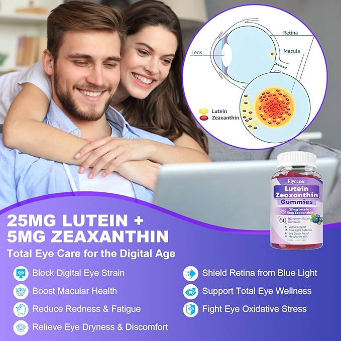 Sugar Free Lutein Gummies 25mg, Lutein and Zeaxanthin Supplements for Eye Health,13-in-1 Eye Care Formula with Omega-3 Bilberry Saffron-Vision Health, Eye Strain,Dry Eyes,Vegan Blueberry Flavor 120 Ct