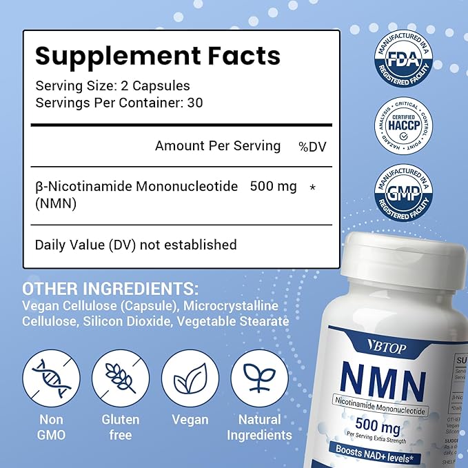 2 Bottles NMN 500mg Supplement Easily Absorbed Nicotinamide Mononucleotide form,a Precursor and NR Supplement Alternative that Supports Healthy Aging and Energy Metabolism | Non-GMO,120 vegan Capsules