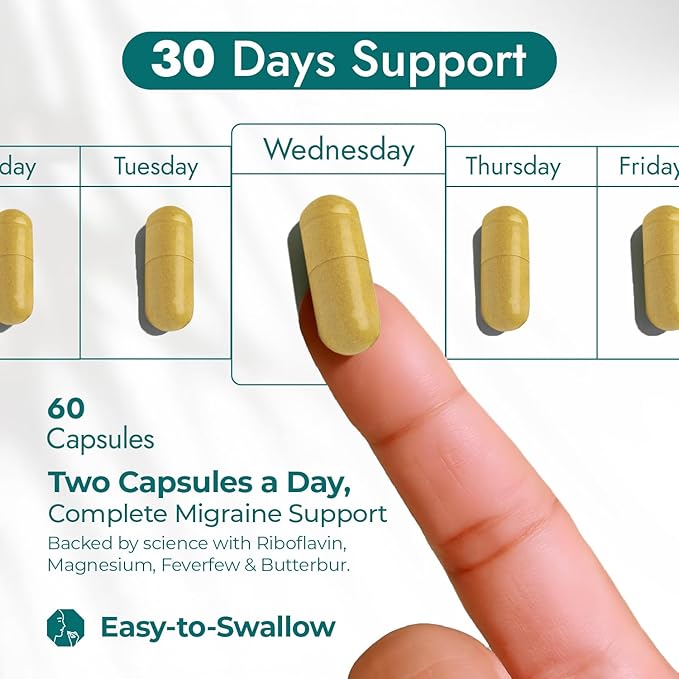 Nature's Nectar Migraine Prevention Feverfew Capsules – PA Free Butterbur Root, Riboflavin 400 mg, Magnesium & Feverfew – Natural Migraine Supplement – 60 Capsules