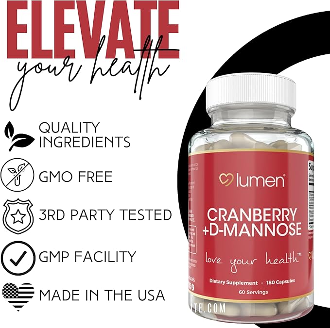 Lumen Naturals Cranberry + D-Mannose for Women - Cranberry, D-Mannose, Hibiscus, Dandelion Extract Blend - 2000mg Per Serving - 180 Count - 60 Servings
