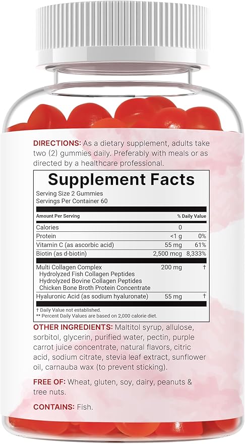 Micro Ingredients Multi Collagen Peptides, 120 Collagen Gummies | Type I,II,III,V,X Protein with Biotin, Hyaluronic Acid, & Vitamin C Complex | Pomegranate & Berry Flavored | Sugar Free, Non-GMO