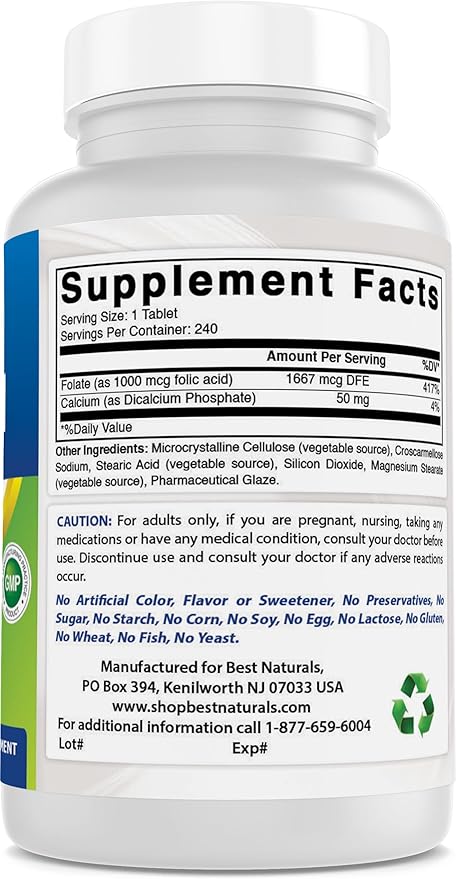 Best Naturals Folic Acid 1000 mcg (Vitamin B9), 240 Tablets (1000 mcg (Pack of 2))