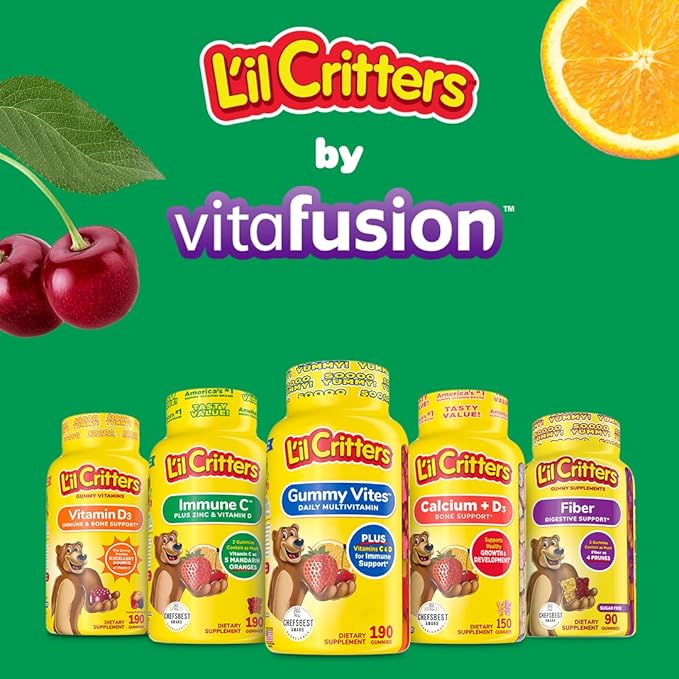L’il Critters Immune C Daily Gummy Supplement Vitamin for Kids, Vitamin C, D and Zinc for Immune Support, Orange, Lemon, Strawberry and Cherry Flavors, 190 Gummies (Packaging May Vary) (Pack of 2)