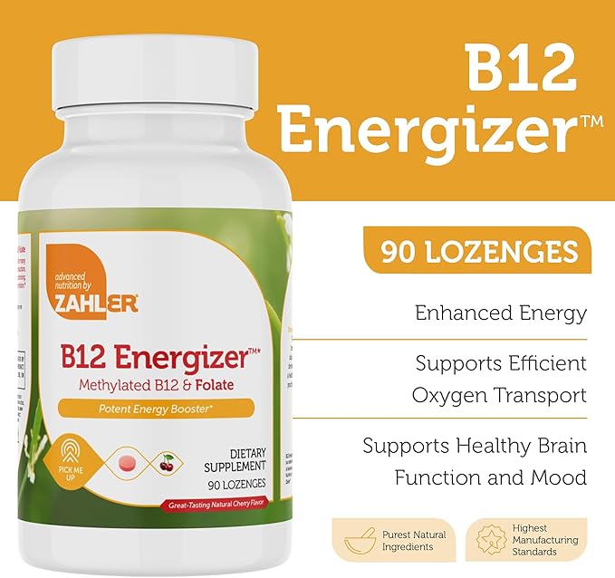 Zahler Energizer - Folate and B12 Supplement - Fast Dissolving Cherry Flavor Lozenges Dual Vitamin Methylated B12 & Folate Supplement with 1360 mcg Folic Acid + 1000 mcg Methyl Vitamin B12 (90 Count)