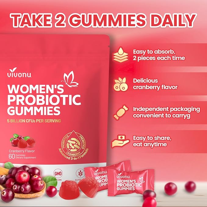 VivoNu Vaginal Probiotics for Women, Feminine Balance pH Gummies for Healthy Odor, Yeast Balance & Flora + Vitamin C for Immune Support -Cranberry