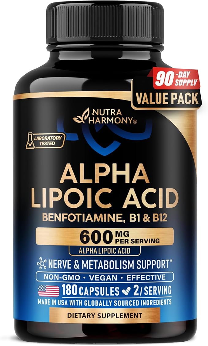 Alpha Lipoic Acid 600mg - ALA Supplement Antioxidant for Nerve, Energy & Metabolism Support - Extra Strength with Benfotiamine, B1 & B12 - Lab Tested, NON-GMO & Vegan - 180 Capsules, 3 Month Supply