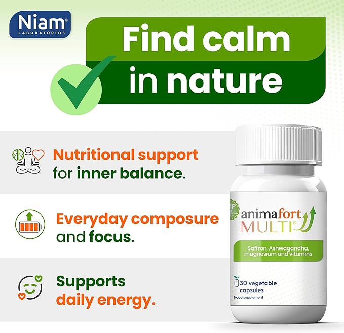 NIAM Laboratorios Ashwagandha KSM-66 & Saffron Supplement | Stress Relief, Mood & Emotional Balance | Vitamin B & Magnesium | Natural Pills for Mental Relaxation | 30 Capsules | AnimaFort Multi