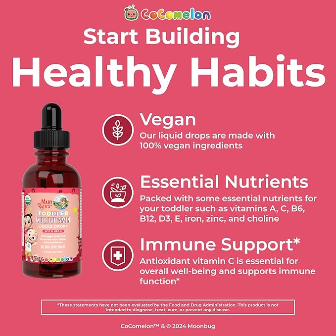 MARYRUTH'S Organics CoComelon Toddler Kids Multivitamin with Iron | Immune Support | Toddler Vitamins | USDA Organic | Sugar Free | Multivitamin Liquid Drops for Kids Ages 1-3 | Vegan | 1 Fl Oz