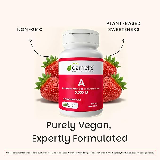 EZ Melts Vitamin A - Skin, Eye & Bone Health Supplement - Supports Healthy Nervous System - No Artificial Flavors - Non-GMO & Vegan - Strawberry Blast - 60 Dissolvable Tablets (60 Servings)