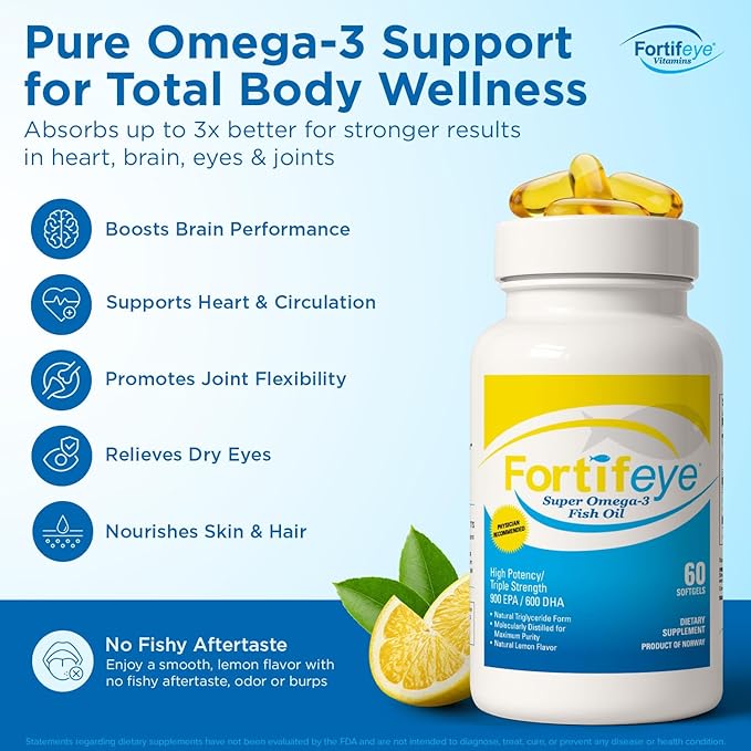 Fortifeye Omega 3 Fish Oil 60Count 1600mg Made in Norway - High Potency rTG Form Supplement with EPA and DHA, Triple Strength Fish Oil Softgels for Men Women, No Fishy Aftertaste, Natural Lemon Flavor