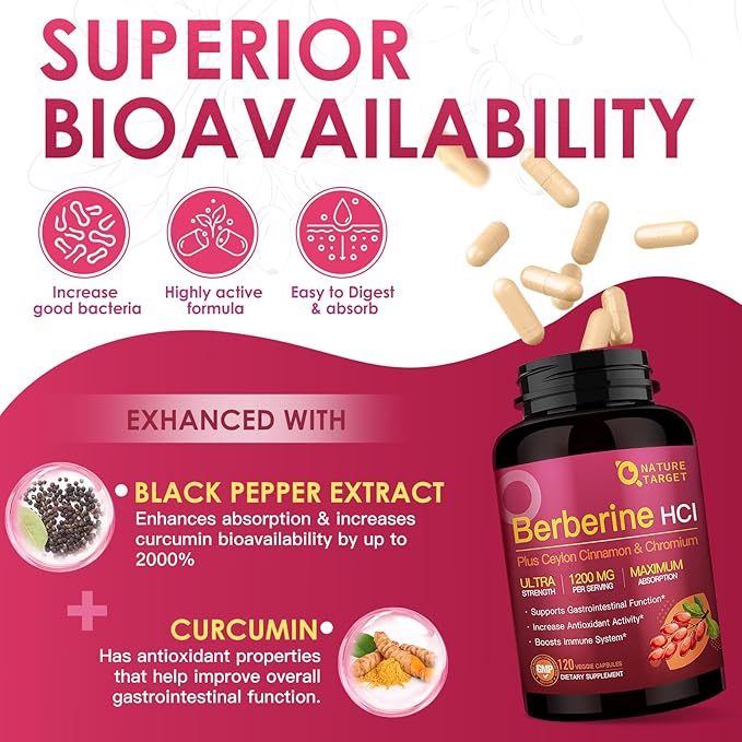 NATURE TARGET Berberine HCl 1200mg, Berberine Supplement with Ceylon Cinnamon, Chromium - Supports Immune, Gastrointestinal & Digestive Health, Non-GMO, 120 Capsules