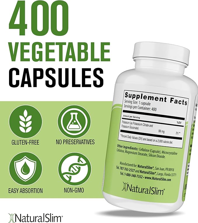 NaturalSlim Natural Potassium Citrate Gluconate 99 mg - Kadsorb Supports Electrolyte Balance & Normal pH - Absorbable Potassium Supplements with Essential Minerals - Non GMO 400 Capsules 2 Pack