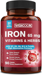 Iron Supplement 65mg, with Vitamin C, D3, B6, B12 & Folate, Spinach, Broccoli, Beet Root, Pumpkin Seeds, Dandelion & Carrots, Blood Building & Energy Support, 90 Tablets