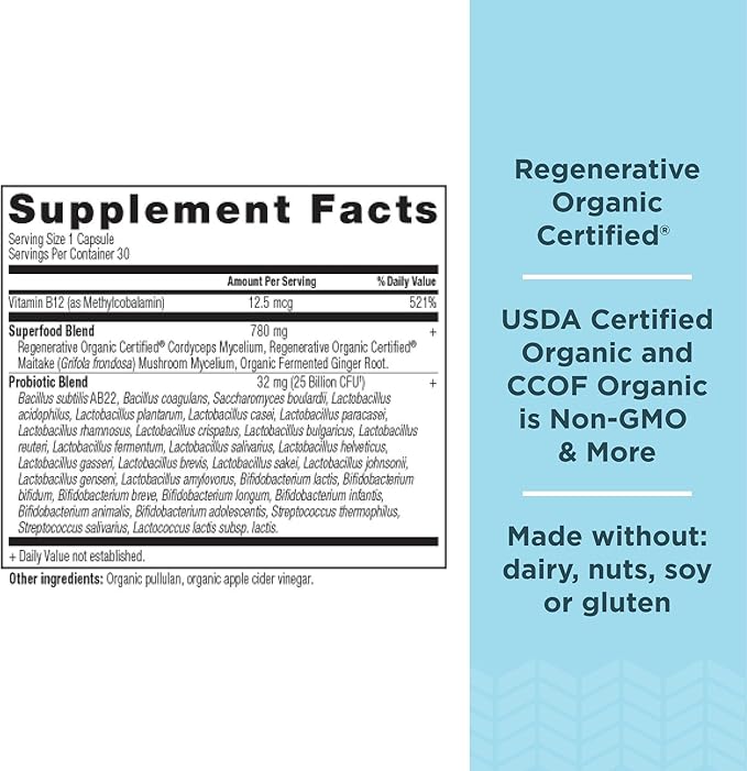 Ancient Nutrition Regenerative Organic Certified Probiotics, Daily Probiotics Once Daily, Healthy Digestion and Immune System Function Support, 25 Billion CFUs* Per Serving, 30 Count