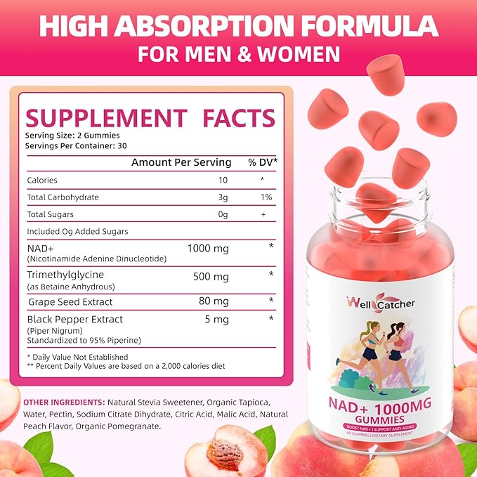 NAD+ Gummies Supplement for Women 1000MG - NAD Plus Gummies for Men Sugar Free Vitamin B3 Niacinamide Pure Organic Boosts NAD Level Anti-Aging Cell Regeneration Energy Brain Peach Flavor 60C