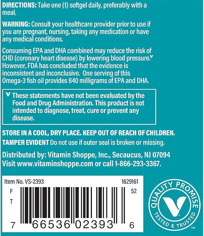 The Vitamin Shoppe Omega 3 Fish Oil 1100 mg EPA & DHA Softgels, Unflavored Fish Oil Supplement for Men and Women, Gluten Free, Dairy Free, 60 Softgels