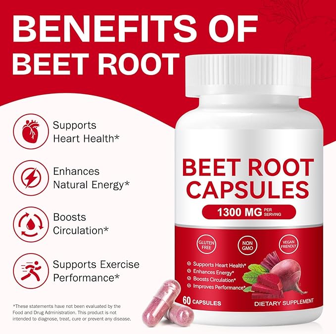 Beet Root Capsules 1300mg, Natural Organic Beetroot Powder Supplement Supports Healthy Blood Pressure and Heart Health, Energy & Endurance Support, Non-GMO, Vegan, 60 Count, 30-Day Supply