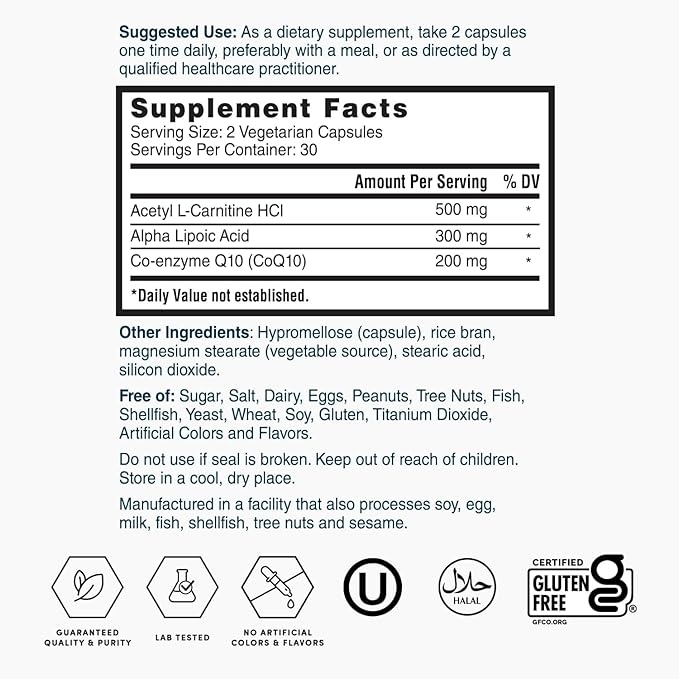Nature's Lab Gold 2 Pack CoQ10 200mg + Alpha Lipoic Acid 300mg + Acetyl L-Carnitine HCl 500mg - Alcar and ALA Supplement - 120 Capsules (2)