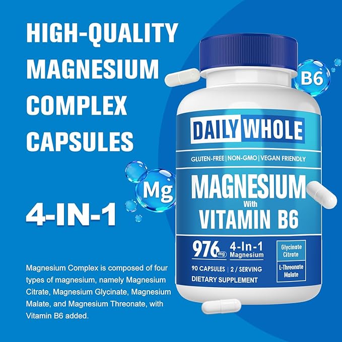 Magnesium Glycinate 4-in-1 Complex for Women, 976mg of Magnesium Glycinate, Citrate, Malate, L-Threonate & Vitamin B6 Supplement for Health | Third Party Tested, Gluten Free, Non-GMO - Easy to Swallow