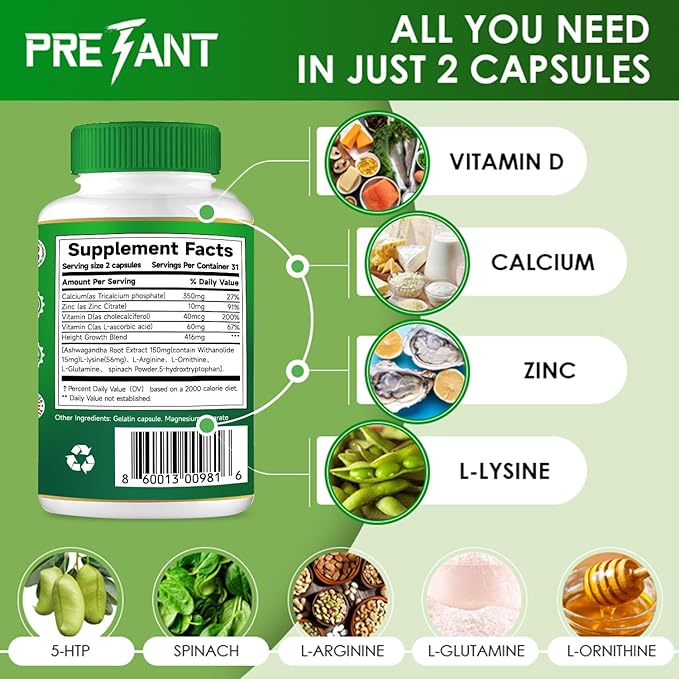 PRETANT-Growth Capsules to Grow Taller - Height Increase Maximizer with Calcium for Bone Strength -Natural Get Taller Supplement - Dietary Edible Healthcare Fitness