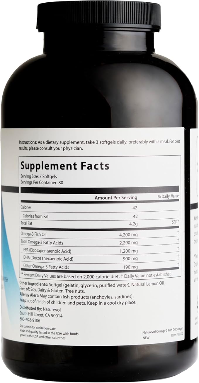 Triple Strength Omega-3 Fish Oil 4200mg – 1200mg EPA + 900mg DHA | High Potency Burpless Softgels | Wild-Caught Deep Ocean Fish Oil | Lemon Flavor - 240 Softgels