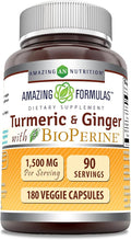 Amazing Formulas Turmeric Curcumin & Ginger with BioPerine Supplement | 1500 Mg Per Serving | 180 Veggie Capsules | Non-GMO | Gluten Free | Made in USA | Ideal for Vegetarians