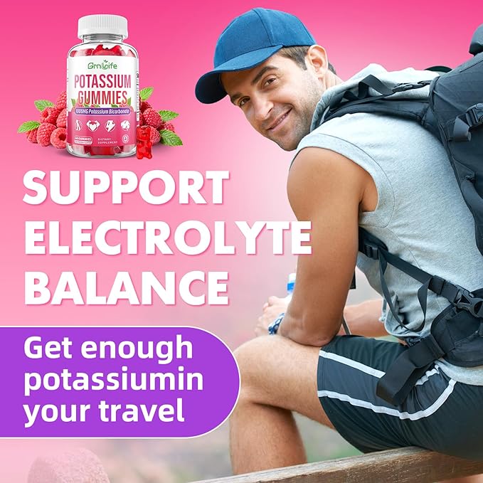 Potassium Gummies 1000mg, Potassium Bicarbonate Supplement for Adults & Kids, Support Electrolyte Balance & Muscle Heath, Sugar-Free, Raspberry Flavor, 60 Count
