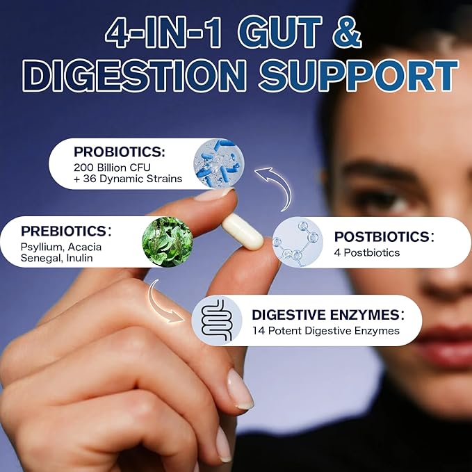 Digestive Enzymes Postbiotics Prebiotics Probiotics for Women Men, 200 Billion CFU 36 Probiotic Strains - Complete Gut, Digestive, Regularity, Gas, Bloating & Immune Support Supplement, Vegan, 60 Days