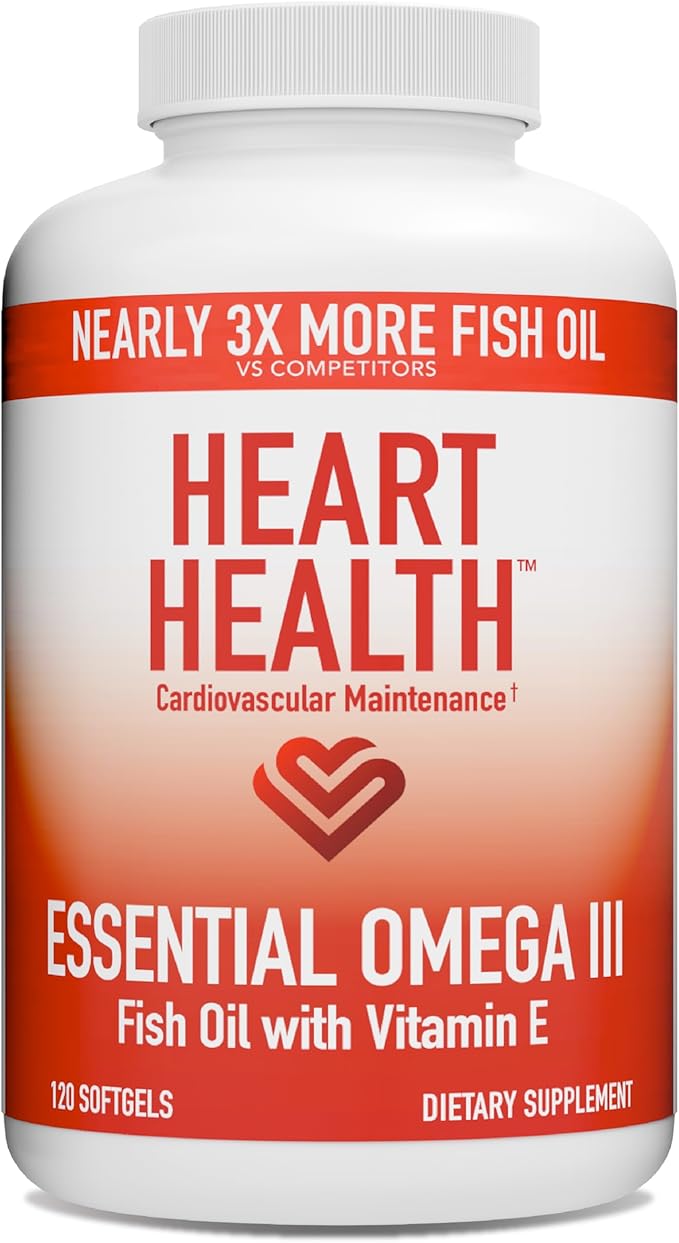 Heart Health Essential Omega III Fish Oil with Vitamin E – High EPA & DHA for Heart, Triglyceride & Blood Flow Support, Lemon Oil, Gluten-Free, Non-GMO, 60 Servings