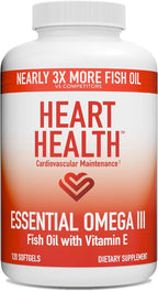 Heart Health Essential Omega III Fish Oil with Vitamin E – High EPA & DHA for Heart, Triglyceride & Blood Flow Support, Lemon Oil, Gluten-Free, Non-GMO, 60 Servings