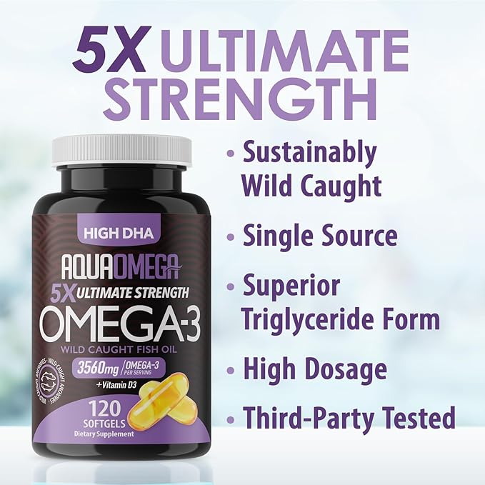 5X Ultimate Strength Omega 3 Fish Oil Supplements with High DHA and EPA Omega 3 Fatty Acids, Fish Oil Supplement with Vitamin D and No Fishy Aftertaste, 120 Softgels