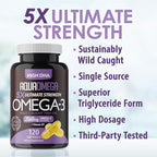 5X Ultimate Strength Omega 3 Fish Oil Supplements with High DHA and EPA Omega 3 Fatty Acids, Fish Oil Supplement with Vitamin D and No Fishy Aftertaste, 120 Softgels