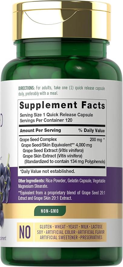Carlyle Grape Seed Extract | 120 Quick Release Capsules | Standardized Extract Complex with Polyphenols | Non-GMO, Gluten Free Supplement
